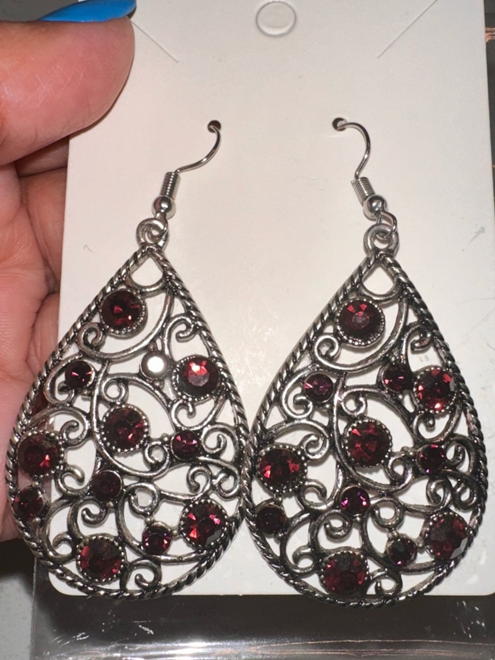 Silver-Tone Teardrop Earrings with Deep Red Gem Accents
